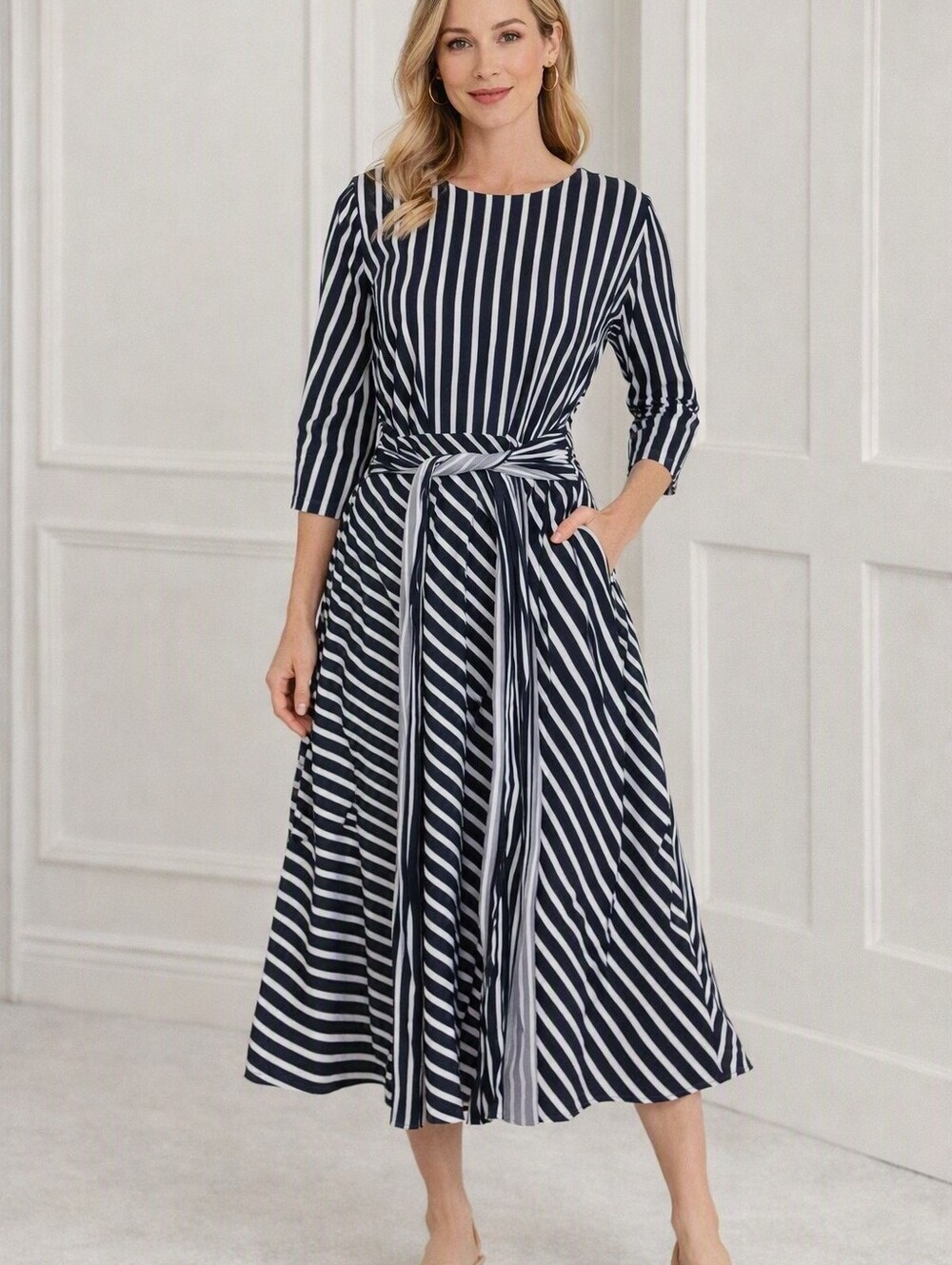 M&S Striped Navy and White Belted Women's A line Sailorcore Nautical Dress. 14